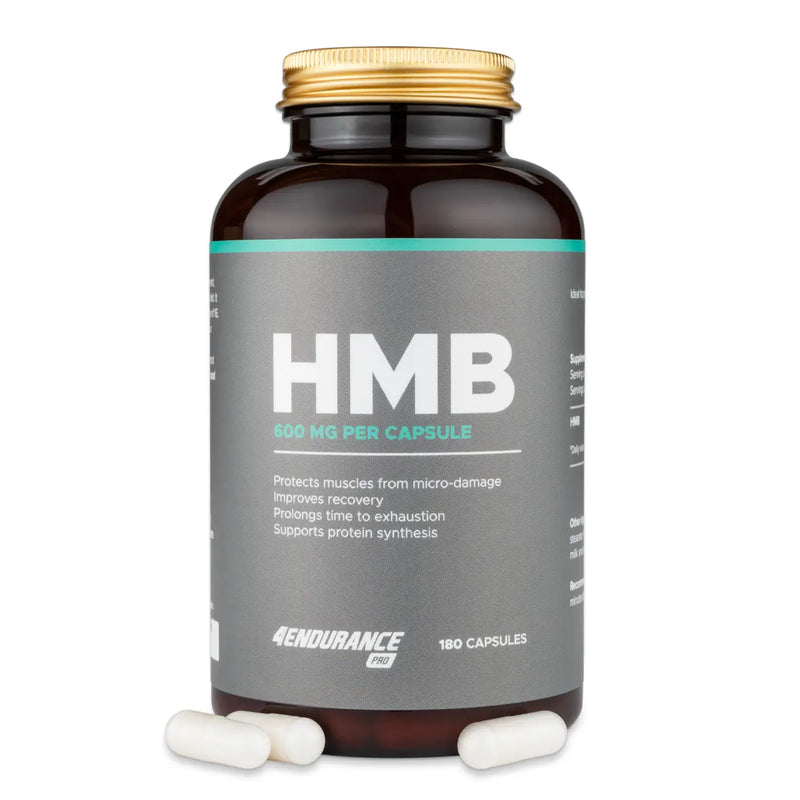 4Endurance Pro HMB - 180 kapsul, temno rjava steklenička z zlatim kovinskim pokrovčkom in poudarjeno belo-tirkizno etiketo na belem ozadju.