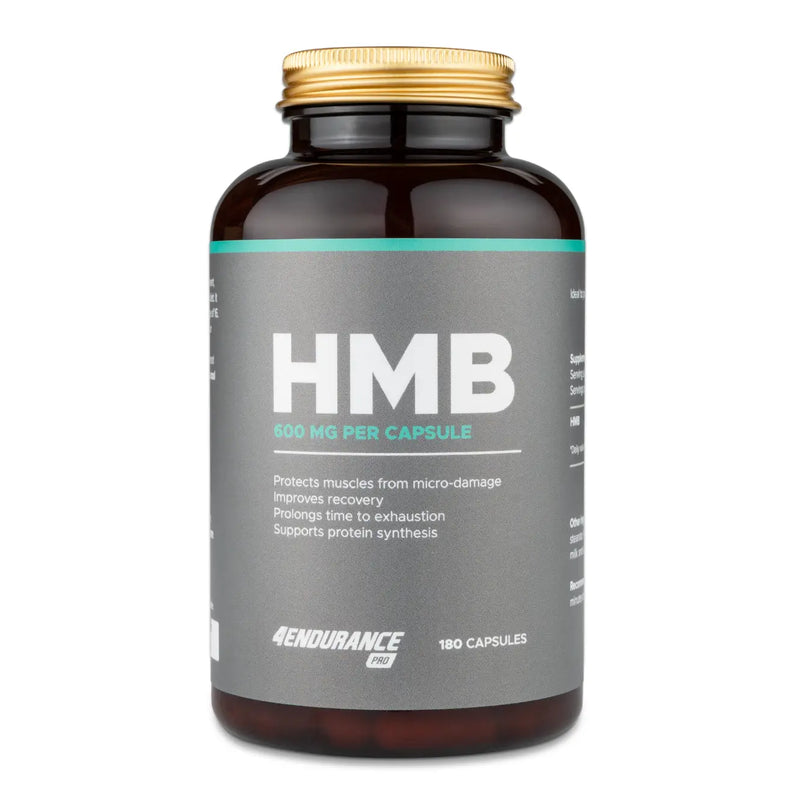 4Endurance Pro HMB - 180 kapsul, temno rjava steklenička z zlatim kovinskim pokrovčkom in poudarjeno belo-tirkizno etiketo na belem ozadju.