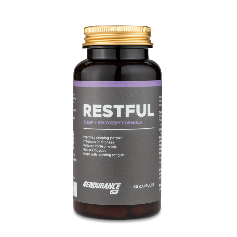 4Endurance Pro Restful - 60 kapsul, formula za spanje, temno rjava steklenička z zlatim pokrovčkom in vijolično-sivo etiketo na belem ozadju.