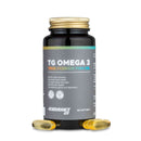 4Endurance Pro TG Omega 3 – 60 mehkih kapsul, steklenička z zlatim pokrovčkom in sivo etiketo z navedenimi koristmi za zdravje na belem ozadju.