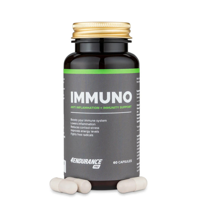 4Endurance Pro Immuno - 60 kapsul, rjava steklenička z zlatim pokrovčkom in zelenim pasom etikete na belem ozadju, besedilo o podpori imunskemu sistemu.
