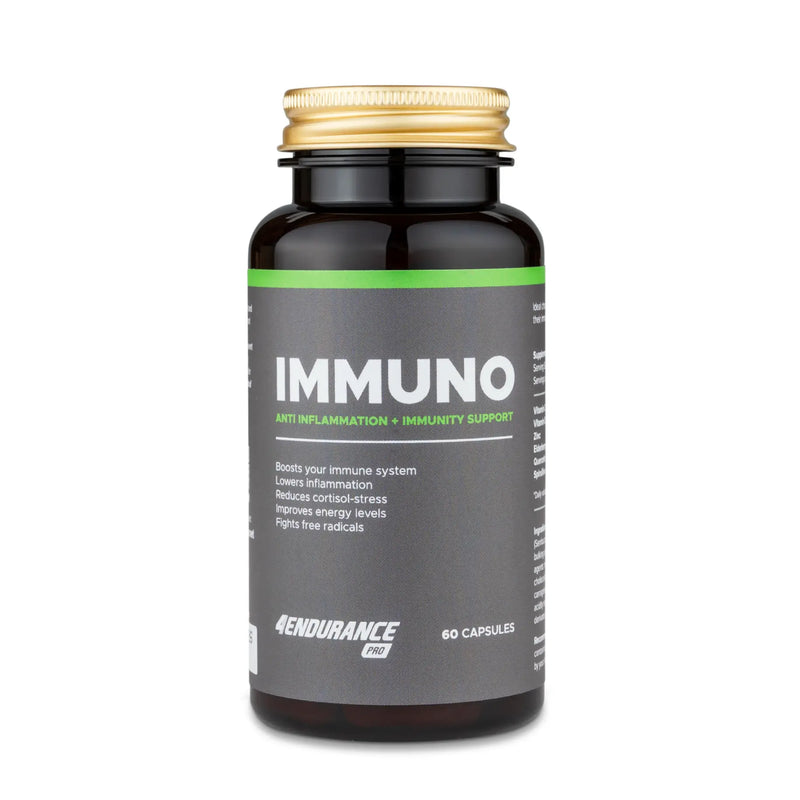 4Endurance Pro Immuno - 60 kapsul, rjava steklenička z zlatim pokrovčkom in zelenim pasom etikete na belem ozadju, besedilo o podpori imunskemu sistemu.