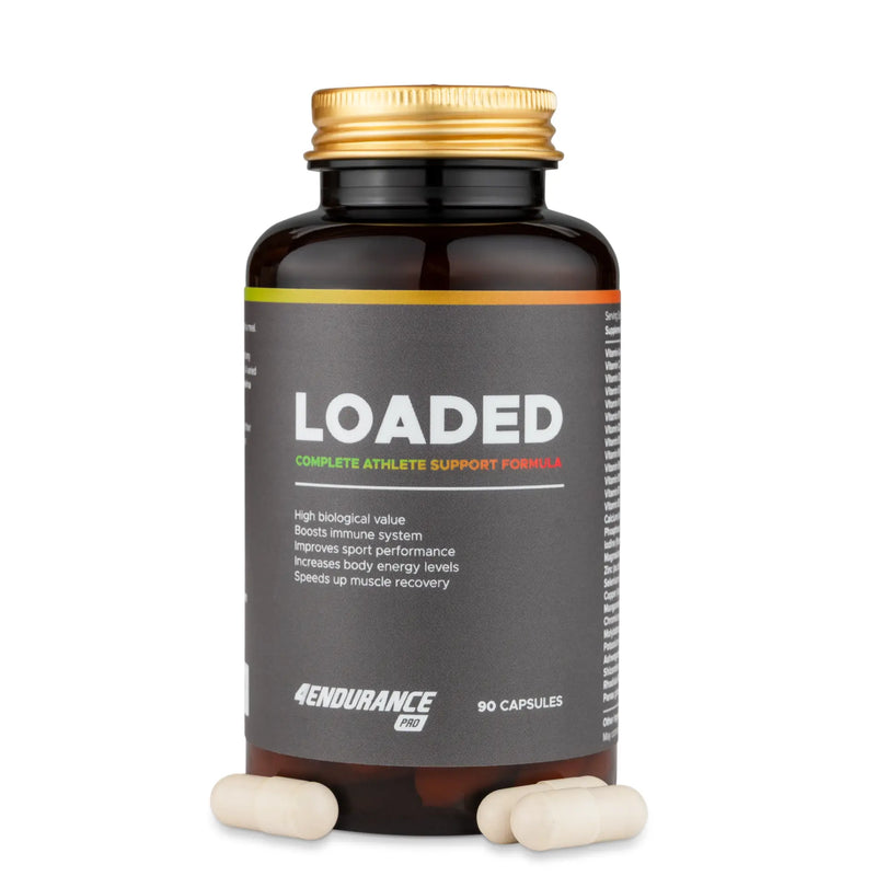 4Endurance Pro Loaded - 90 kapsul, 30–90 porcij, rjava steklenička z zlatim pokrovčkom, siva etiketa s prikazom znamke in podrobnosti o izdelku.