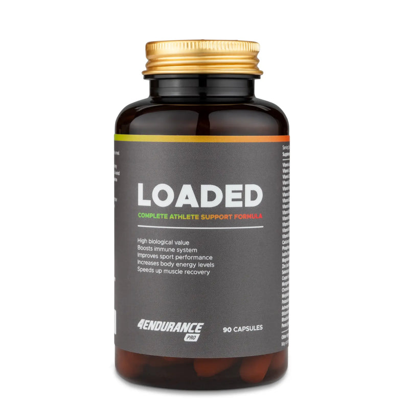4Endurance Pro Loaded - 90 kapsul, 30–90 porcij, rjava steklenička z zlatim pokrovčkom, siva etiketa s prikazom znamke in podrobnosti o izdelku.