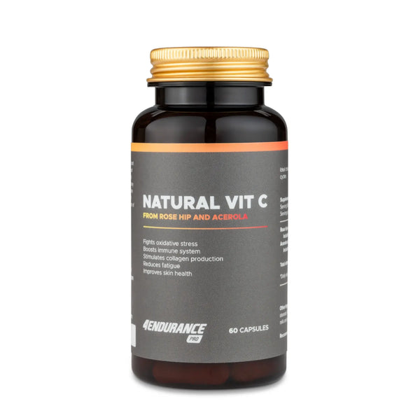 4Endurance Pro Natural Vitamin C - pakiranje 60 kapsul, steklenička z zlatim pokrovčkom, etiketa z zdravstvenimi koristmi, črno-zlat dizajn.