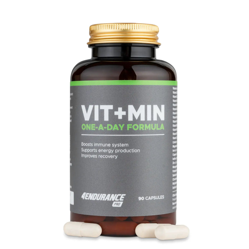4Endurance Pro Vit+Min - 90 kapsul, rjava steklenička z zlatim pokrovčkom, siva etiketa z zelenim in belim besedilom na belem ozadju.