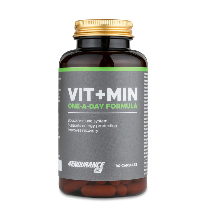 4Endurance Pro Vit+Min - 90 kapsul, rjava steklenička z zlatim pokrovčkom, siva etiketa z zelenim in belim besedilom na belem ozadju.