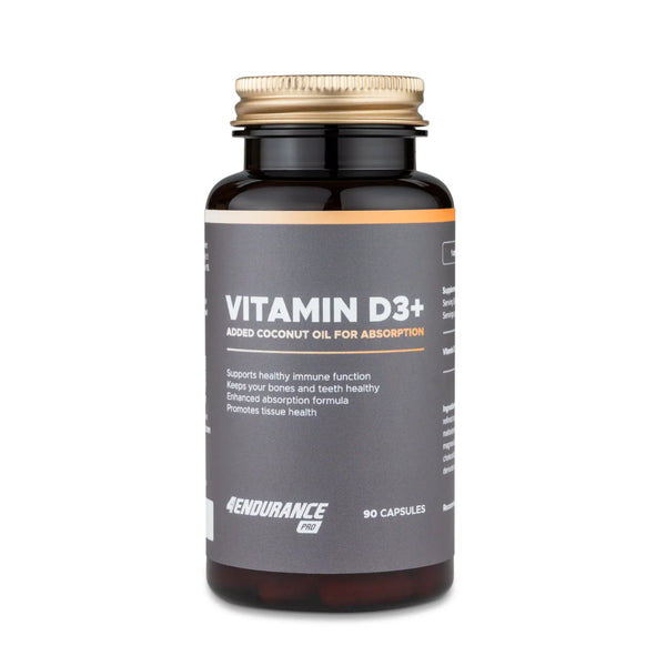 4Endurance Pro Vitamin D3+ - 90 kapsul, plastična temno jantarna steklenička z zlatim pokrovčkom, siva etiketa z navedbo koristi dodatka, na belem ozadju.