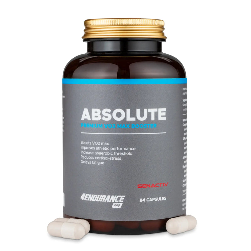 4Endurance Pro Absolute - 84 kapsule, rjava steklenička z zlatim pokrovčkom in modro‑črno etiketo na belem ozadju.