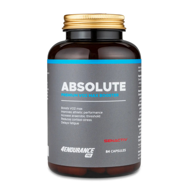 4Endurance Pro Absolute - 84 kapsule, rjava steklenička z zlatim pokrovčkom in modro‑črno etiketo na belem ozadju.