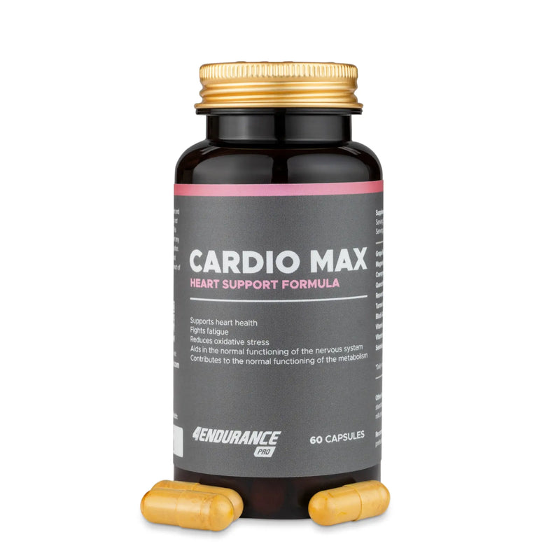 4Endurance Pro Cardio Max - 60 kapsul, formula za podporo srcu, črna steklenička z zlatim pokrovčkom in roza poudarkom na belem ozadju.