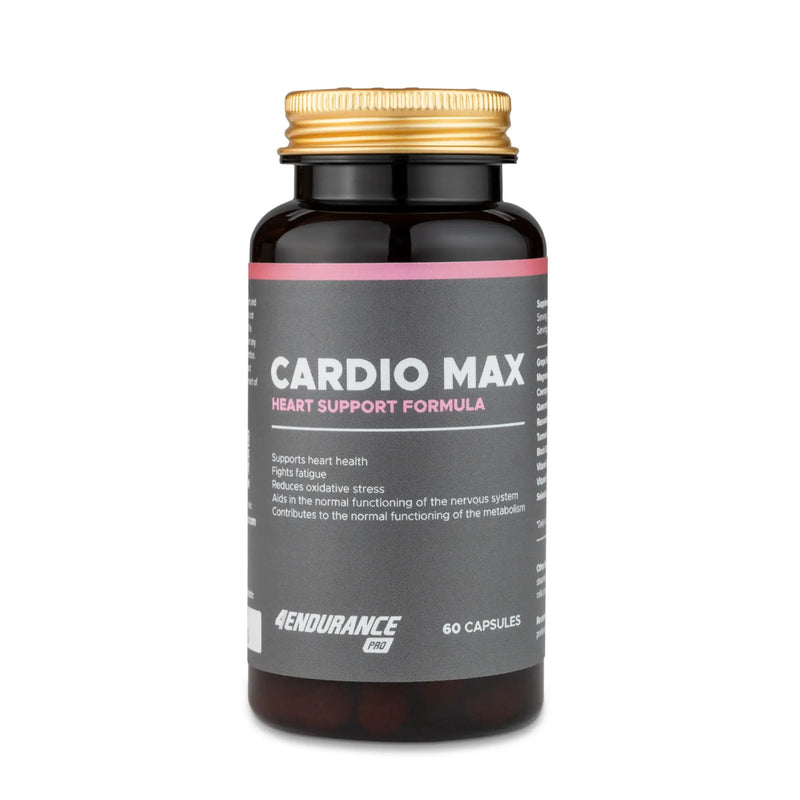 4Endurance Pro Cardio Max - 60 kapsul, formula za podporo srcu, črna steklenička z zlatim pokrovčkom in roza poudarkom na belem ozadju.
